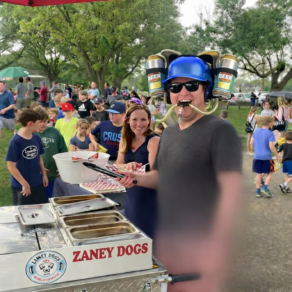 Danny serving Zaney Dogs at a community event